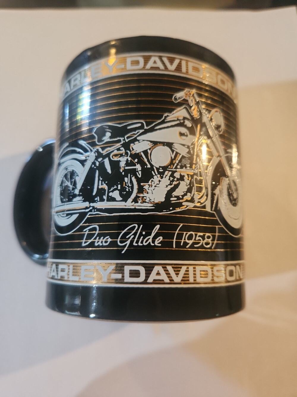 1986 Harley-Davidson Motor Company Coffee Mug Duo Glide 1958 Graphic Black Mug